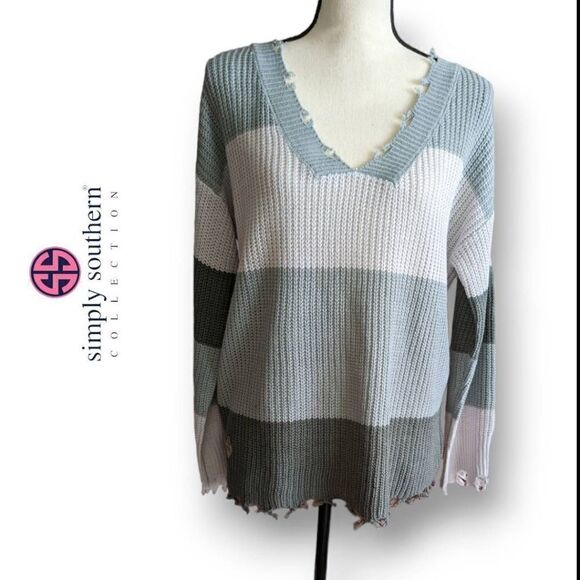 Simply Southern Womens Sweater Knitted V Neckline Distress Medium - Picture 1 of 14